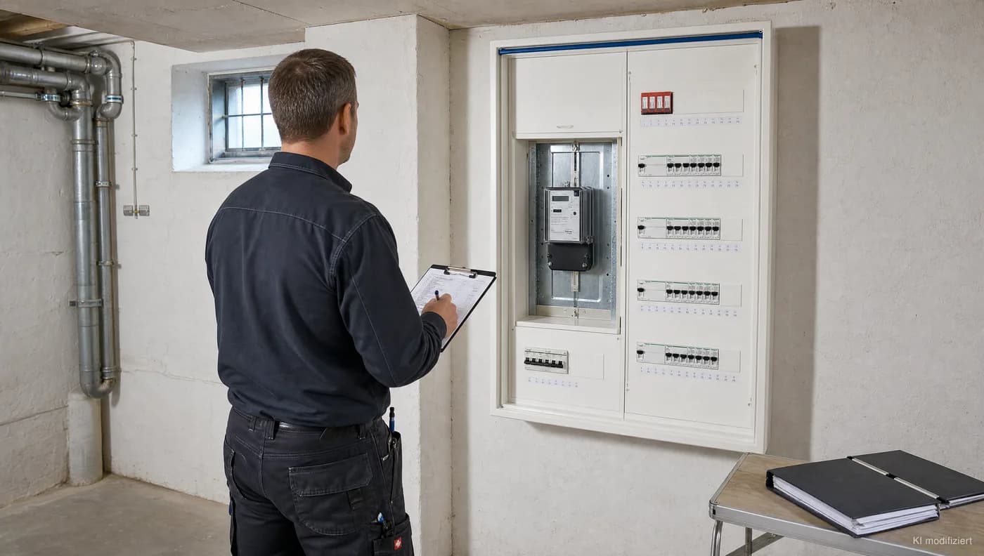 Elektriker hält die Messwerte der fertigen Anlage im Prüfprotokoll fest