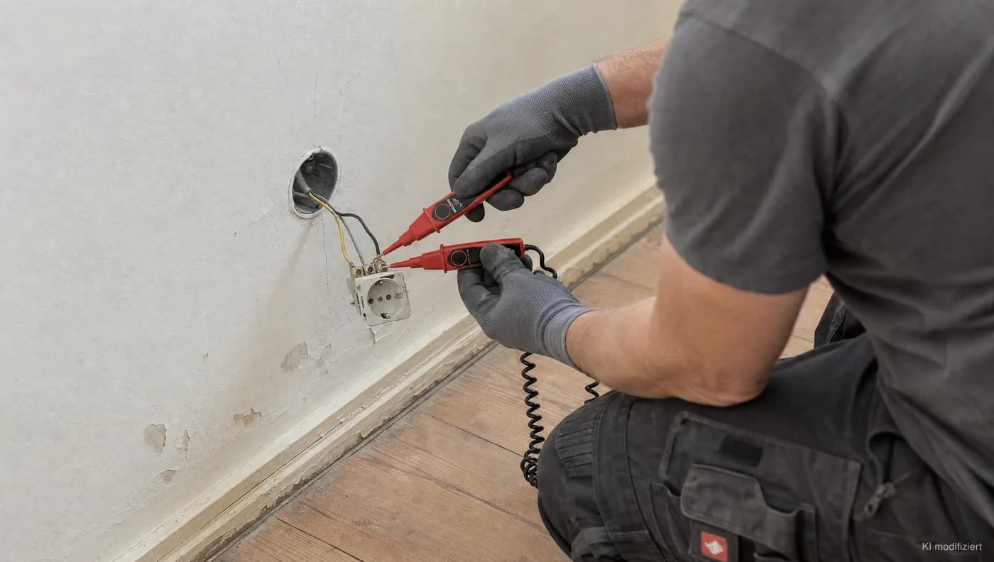 Alte Steckdose wird aus der Wand gezogen und mit einem zweipoligen Spannungsprüfer geprüft