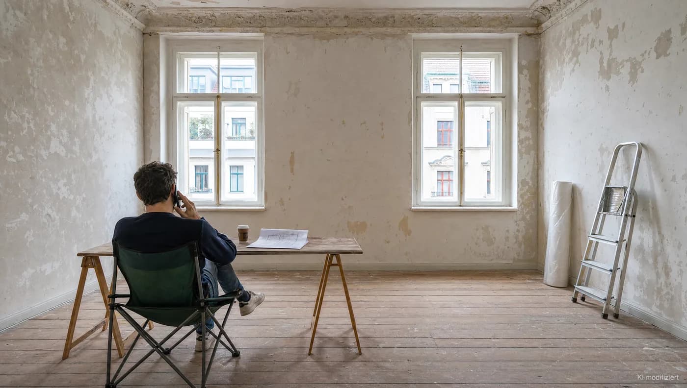 Wohnungseigentümer telefoniert am Tisch in der leeren, unrenovierten Wohnung