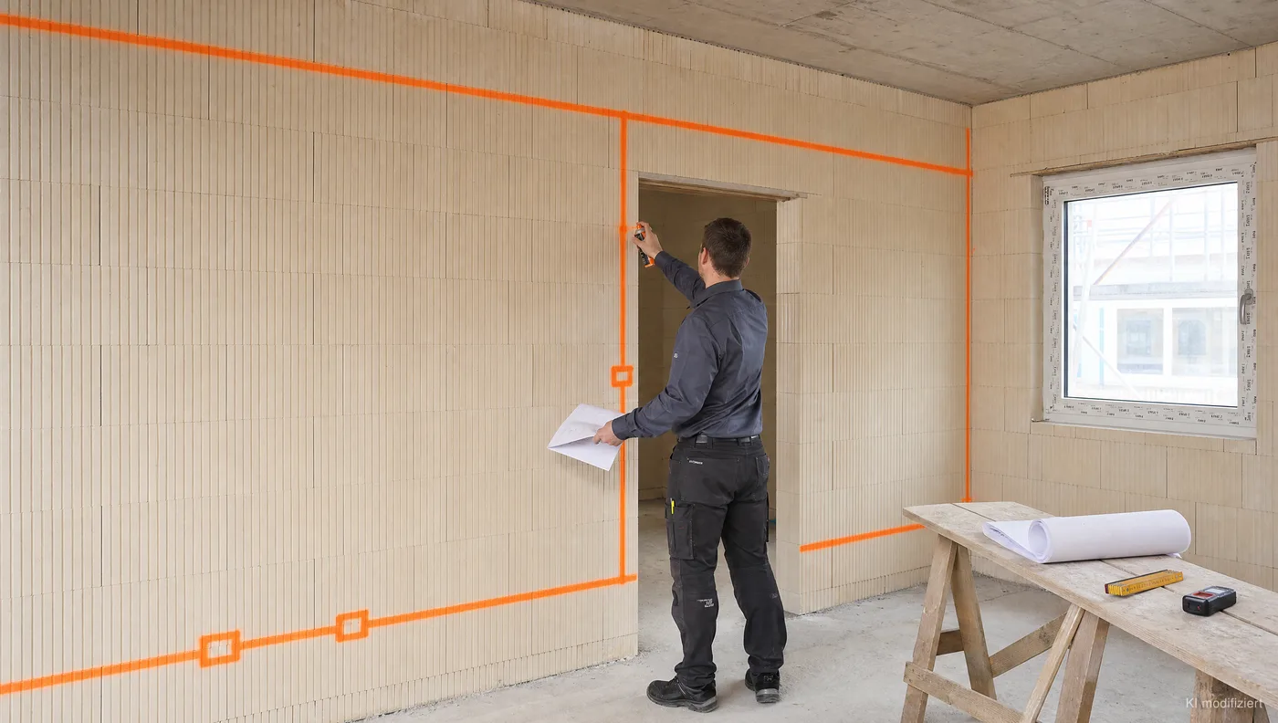 Positionen für Steckdosen und Schalter werden im Rohbau mit Markierspray an der Wand markiert