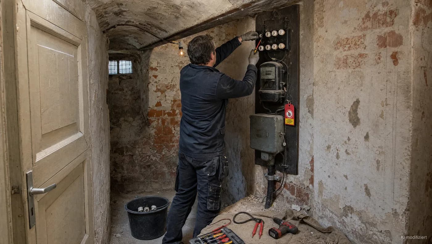 Alte Sicherungstafel mit Schraubsicherungen wird im Keller demontiert, ausgebaute Teile im Eimer