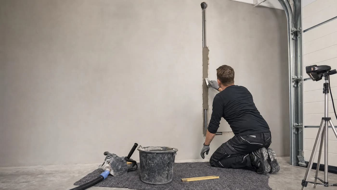 Zuleitung für die Wallbox wird innen in der Garage unter Putz verlegt, im Wandschlitz der unteren Installationszone